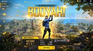 Free Fire Booyah victory screen with character celebrating and match stats confirming game is still exciting and worth playing in 2026