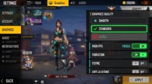Free Fire graphics settings menu showing Standard graphics with Smooth and High FPS selected for best performance on mobile