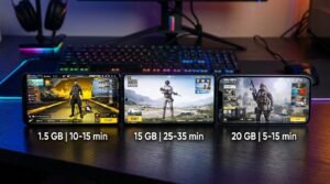Three smartphones comparing Free Fire, PUBG Mobile, and COD Mobile battle royale games with storage and match time stats in 2026