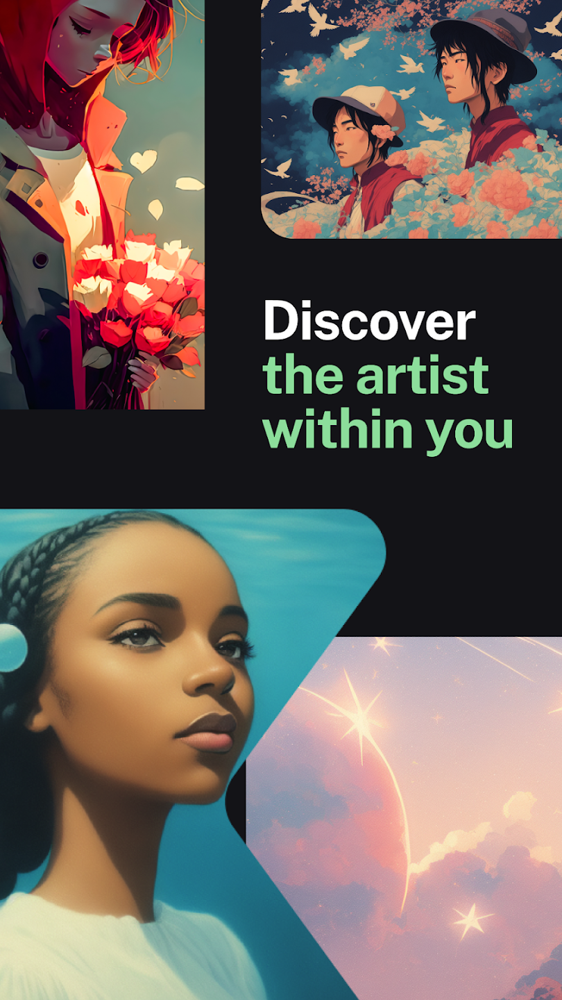 Collaged interface display from Kaiber AI with the text 'Discover the artist within you' surrounded by various digital art styles including anime characters, a starry sky, and a woman underwater.