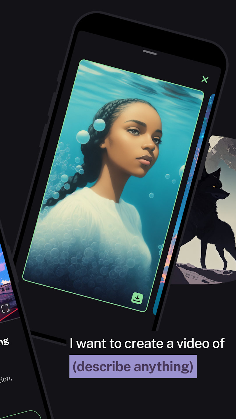 Kaiber AI mobile user interface showing an text-to-video prompt box reading 'I want to create a video of (describe anything)' featuring a digital painting of a woman underwater with bubbles.