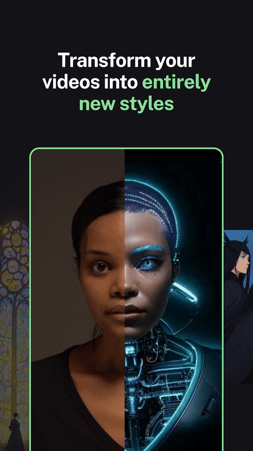 Split-screen image example from Kaiber AI illustrating video style transformation, showing a real woman's face converted into a glowing futuristic cyborg robot.