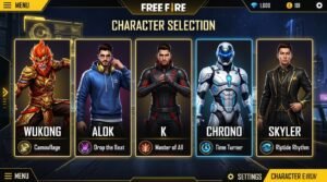 Free Fire character selection screen showing top 5 characters Wukong, Alok, K, Chrono, and Skyler with ability icons in 2026