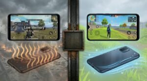 Budget smartphone comparison showing PUBG Mobile lagging with low memory warning versus Free Fire running smoothly