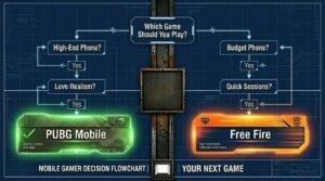 Decision flowchart helping mobile gamers choose between PUBG Mobile and Free Fire based on device and playstyle