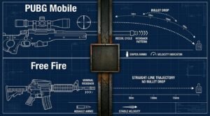 Diagram comparing bullet drop and recoil mechanics between PUBG Mobile and Free Fire