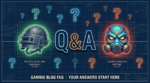 FAQ section header with PUBG Mobile helmet and Free Fire mask icons against a dark gaming background