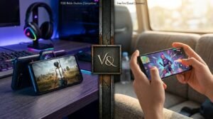 High-end phone running PUBG Mobile at a gaming desk versus budget phone playing Free Fire casually, showing both games can coexist