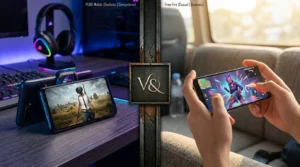 High-end phone running PUBG Mobile at a gaming desk versus budget phone playing Free Fire casually, showing both games can coexist