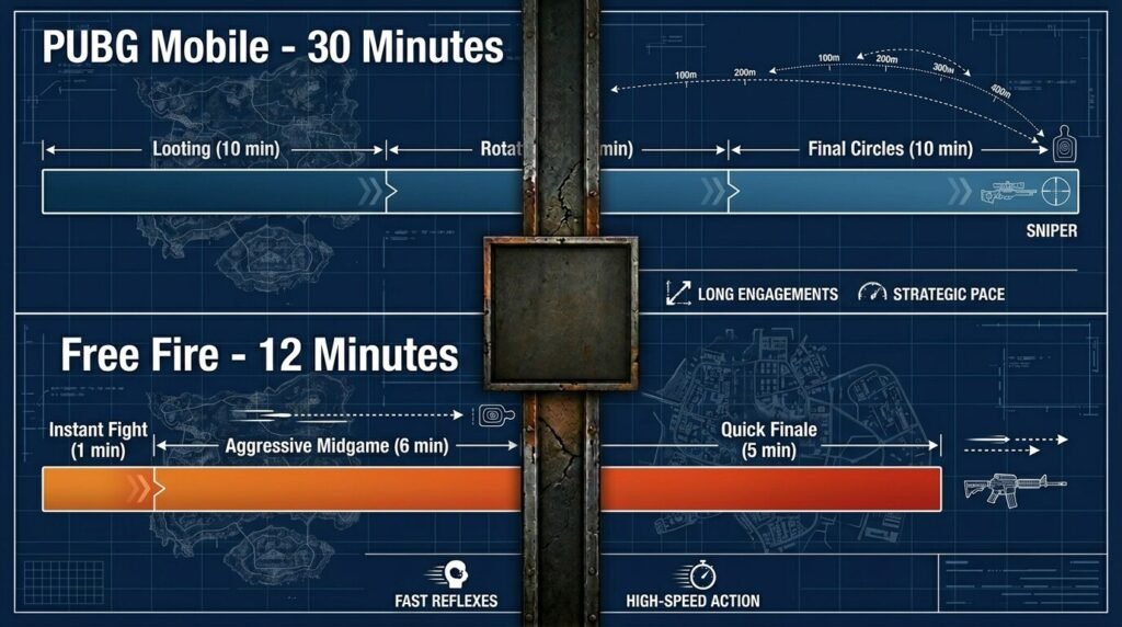 Timeline infographic comparing PUBG Mobile 30-minute match pacing versus Free Fire 12-minute match pacing