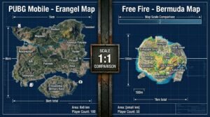 Top-down map comparison showing PUBG Mobile's massive Erangel versus Free Fire's compact Bermuda at identical scale