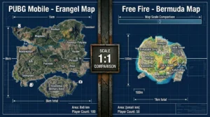 Top-down map comparison showing PUBG Mobile's massive Erangel versus Free Fire's compact Bermuda at identical scale