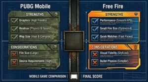 Versus scorecard infographic listing PUBG Mobile and Free Fire pros and cons in esports overlay style